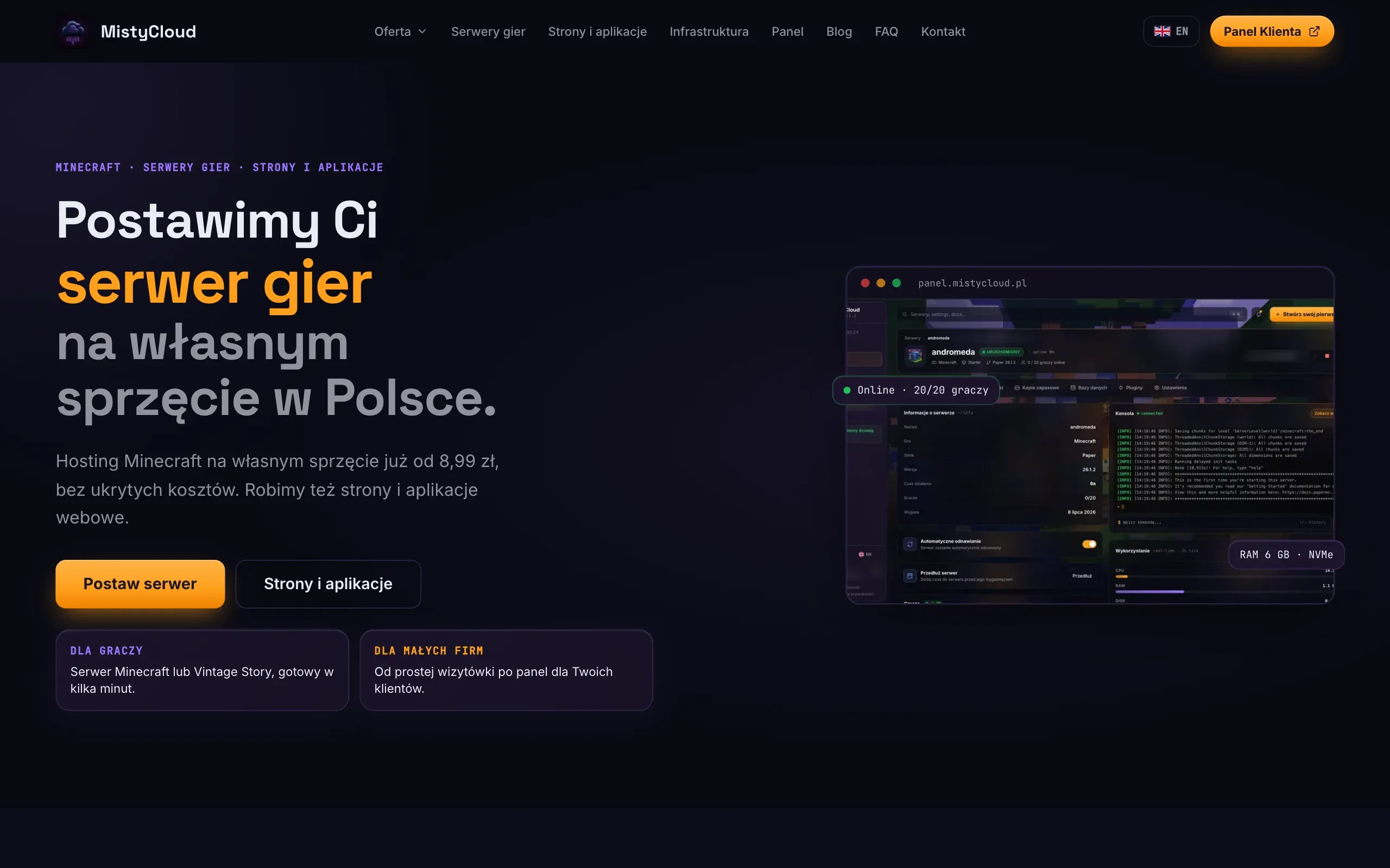Strona główna mistycloud.pl: hero z podglądem panelu